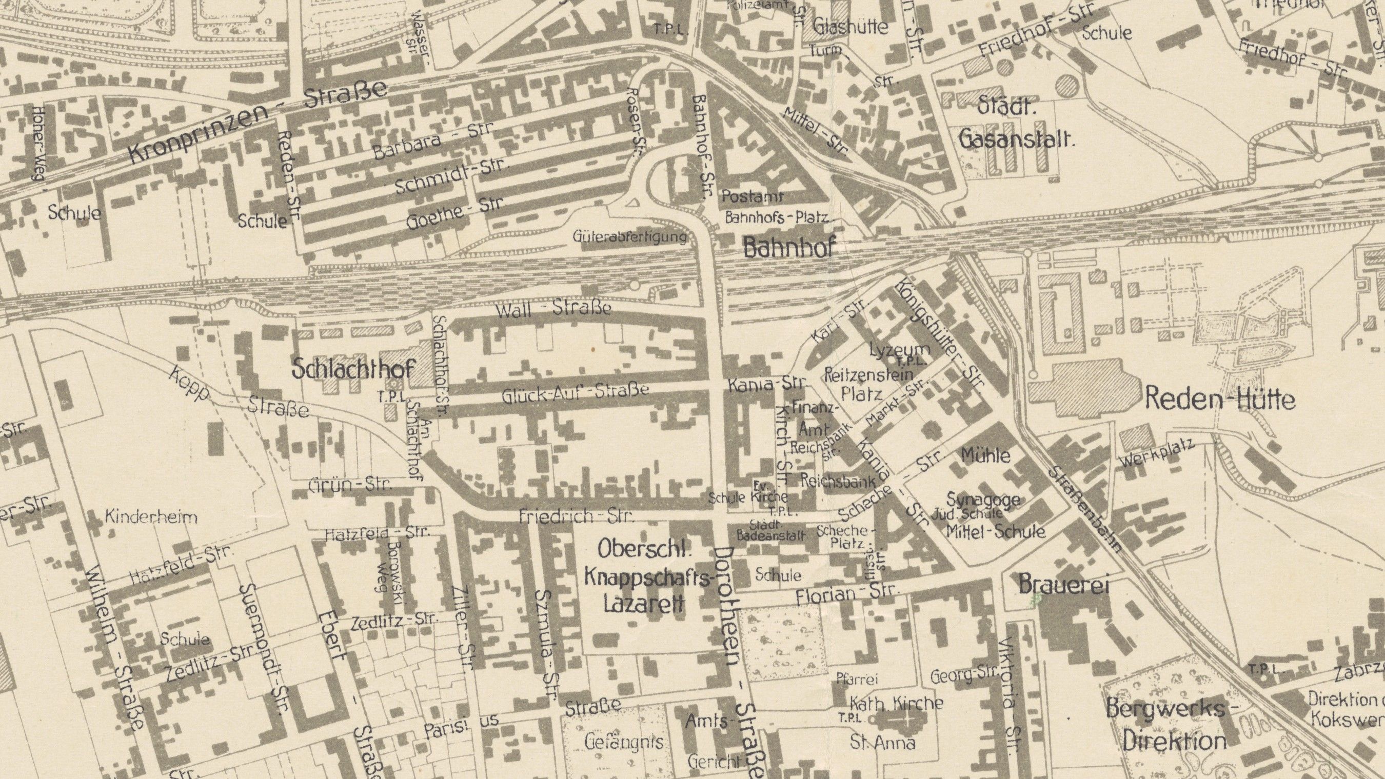 Fragment planu miasta Hindenburg z 1929 roku: dworzec, Kronprinzenstraße i kwartały kamienic w centrum